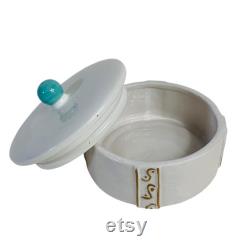 Iridescent Dresser Storage Trinket Box Vanity Decorative Power Dish Speckled Lid Turquoise Knob Ceramic Regency Bathroom Bedroom Decor