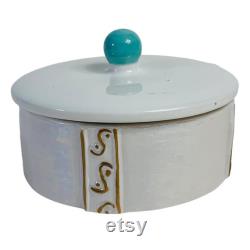 Iridescent Dresser Storage Trinket Box Vanity Decorative Power Dish Speckled Lid Turquoise Knob Ceramic Regency Bathroom Bedroom Decor