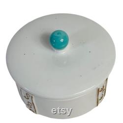Iridescent Dresser Storage Trinket Box Vanity Decorative Power Dish Speckled Lid Turquoise Knob Ceramic Regency Bathroom Bedroom Decor