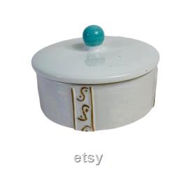 Iridescent Dresser Storage Trinket Box Vanity Decorative Power Dish Speckled Lid Turquoise Knob Ceramic Regency Bathroom Bedroom Decor