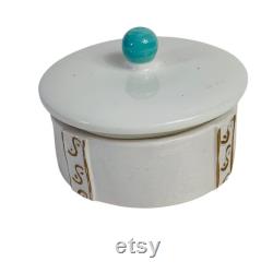 Iridescent Dresser Storage Trinket Box Vanity Decorative Power Dish Speckled Lid Turquoise Knob Ceramic Regency Bathroom Bedroom Decor