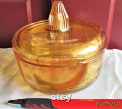 Iridescent Glass Amber or Orange Dresser Vanity Power Jar with Lid