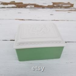 Jadeite Green Anchor Hocking Jewel Box and Vitrock Rose Lid Vintage American Artware Embossed Rose Lid -Fired On Jadeite Jewelry Trinket Box