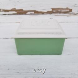 Jadeite Green Anchor Hocking Jewel Box and Vitrock Rose Lid Vintage American Artware Embossed Rose Lid -Fired On Jadeite Jewelry Trinket Box