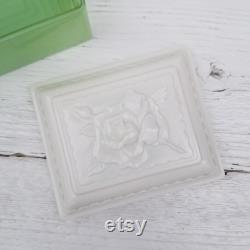 Jadeite Green Anchor Hocking Jewel Box and Vitrock Rose Lid Vintage American Artware Embossed Rose Lid -Fired On Jadeite Jewelry Trinket Box
