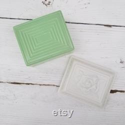 Jadeite Green Anchor Hocking Jewel Box and Vitrock Rose Lid Vintage American Artware Embossed Rose Lid -Fired On Jadeite Jewelry Trinket Box