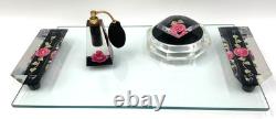 Jane Arts Vanity Mirror Lucite Handles Pink Flowers Footed withAtomizer Powder Box