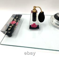 Jane Arts Vanity Mirror Lucite Handles Pink Flowers Footed withAtomizer Powder Box
