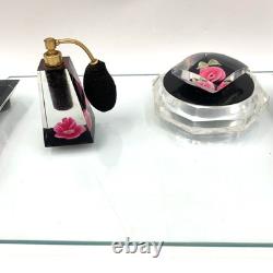 Jane Arts Vanity Mirror Lucite Handles Pink Flowers Footed withAtomizer Powder Box