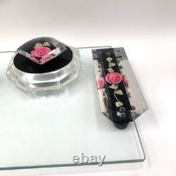 Jane Arts Vanity Mirror Lucite Handles Pink Flowers Footed withAtomizer Powder Box