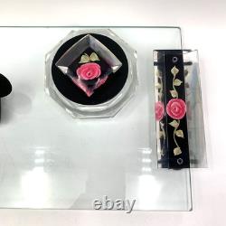 Jane Arts Vanity Mirror Lucite Handles Pink Flowers Footed withAtomizer Powder Box