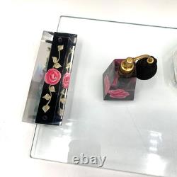Jane Arts Vanity Mirror Lucite Handles Pink Flowers Footed withAtomizer Powder Box
