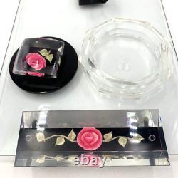 Jane Arts Vanity Mirror Lucite Handles Pink Flowers Footed withAtomizer Powder Box