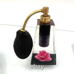 Jane Arts Vanity Mirror Lucite Handles Pink Flowers Footed withAtomizer Powder Box