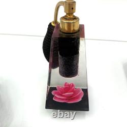 Jane Arts Vanity Mirror Lucite Handles Pink Flowers Footed withAtomizer Powder Box