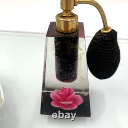 Jane Arts Vanity Mirror Lucite Handles Pink Flowers Footed withAtomizer Powder Box