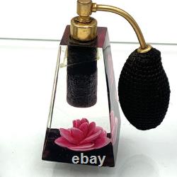 Jane Arts Vanity Mirror Lucite Handles Pink Flowers Footed withAtomizer Powder Box