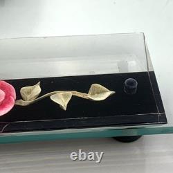 Jane Arts Vanity Mirror Lucite Handles Pink Flowers Footed withAtomizer Powder Box