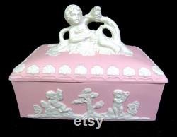 Japan Bisque Porcelain 23 120 Pink Jasperware Cherub Putti Dresser Box 1920-50s