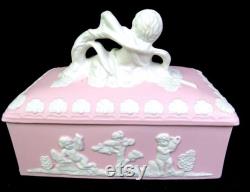 Japan Bisque Porcelain 23 120 Pink Jasperware Cherub Putti Dresser Box 1920-50s