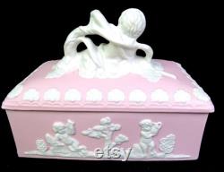 Japan Bisque Porcelain 23 120 Pink Jasperware Cherub Putti Dresser Box 1920-50s