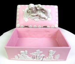 Japan Bisque Porcelain 23 120 Pink Jasperware Cherub and Putti Dresser Box 1920-50