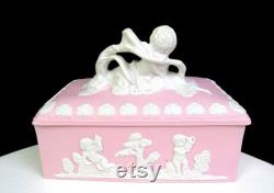 Japan Bisque Porcelain 23 120 Pink Jasperware Cherub and Putti Dresser Box 1920-50