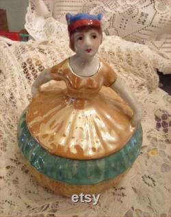 Jazzy Japanese DECO Dresser Doll with Lacy Puff Vintage 1920s Painted Porcelain Powder Bowl Lovely Lusterware FLAPPER Vanity Jar Marked TT