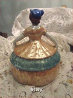 Jazzy Japanese DECO Dresser Doll with Lacy Puff Vintage 1920s Painted Porcelain Powder Bowl Lovely Lusterware FLAPPER Vanity Jar Marked TT
