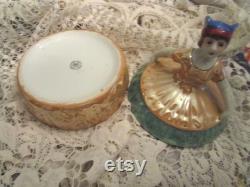 Jazzy Japanese DECO Dresser Doll with Lacy Puff Vintage 1920s Painted Porcelain Powder Bowl Lovely Lusterware FLAPPER Vanity Jar Marked TT