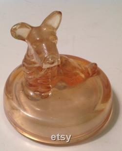 Jeanette Carnival Glass Scottie Dog Powder Jar Trinket Vanity Marigold Vintage