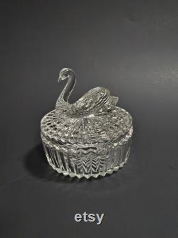 Jeanette Glass Clear Glass Swan Vanity Powder Box Trinket Box Lipstick Holder
