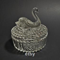 Jeanette Glass Clear Glass Swan Vanity Powder Box Trinket Box Lipstick Holder