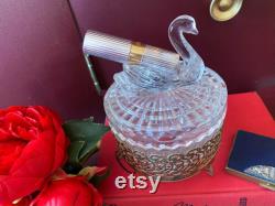 Jeanette Glass Co Glass Swan Covered Powder Dish, Metal Stand, Vintage Trinket Dish, Beauty, Vanity, Makeup, Gift for Her, Classic Glamour