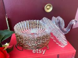 Jeanette Glass Co Glass Swan Covered Powder Dish, Metal Stand, Vintage Trinket Dish, Beauty, Vanity, Makeup, Gift for Her, Classic Glamour
