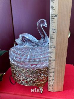 Jeanette Glass Co Glass Swan Covered Powder Dish, Metal Stand, Vintage Trinket Dish, Beauty, Vanity, Makeup, Gift for Her, Classic Glamour