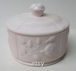 Jeannette Glass SHELL PINK 4 3 4 Inch Dresser POWDER Jar with Rose Bud Design and Knob