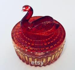 Jeannette Glass Vanity Powder Trinket Box Swan on Top Lipstick Holder Red Amberina