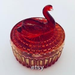 Jeannette Glass Vanity Powder Trinket Box Swan on Top Lipstick Holder Red Amberina