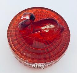 Jeannette Glass Vanity Powder Trinket Box Swan on Top Lipstick Holder Red Amberina