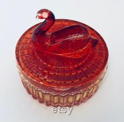 Jeannette Glass Vanity Powder Trinket Box Swan on Top Lipstick Holder Red Amberina