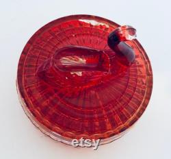 Jeannette Glass Vanity Powder Trinket Box Swan on Top Lipstick Holder Red Amberina
