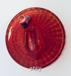 Jeannette Glass Vanity Powder Trinket Box Swan on Top Lipstick Holder Red Amberina