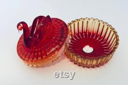 Jeannette Glass Vanity Powder Trinket Box Swan on Top Lipstick Holder Red Amberina