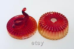 Jeannette Glass Vanity Powder Trinket Box Swan on Top Lipstick Holder Red Amberina