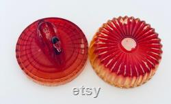 Jeannette Glass Vanity Powder Trinket Box Swan on Top Lipstick Holder Red Amberina