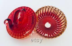 Jeannette Glass Vanity Powder Trinket Box Swan on Top Lipstick Holder Red Amberina