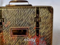KIGU Bon Voyage Compact Gold Tone Suitcase Vtg Mirrored Powder Box Puff & Screen