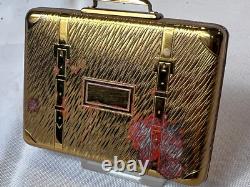 KIGU Bon Voyage Compact Gold Tone Suitcase Vtg Mirrored Powder Box Puff & Screen