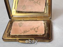 KIGU Bon Voyage Compact Gold Tone Suitcase Vtg Mirrored Powder Box Puff & Screen
